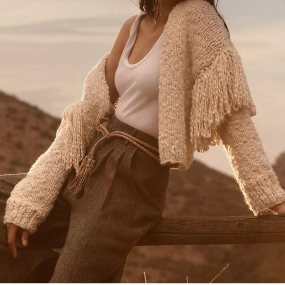 Anthropologie chunky fringe sleeve cream cardigan sweater Sz M/L